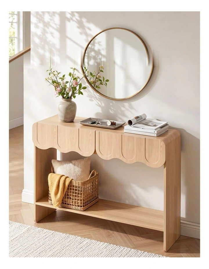 2-Drawer Console Table, Scalloped Entryway Table with Rounded Corners, 100x31x80cm, Wood Finish image 2