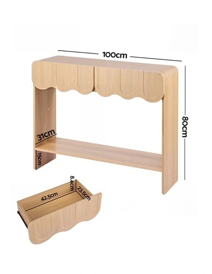 2-Drawer Console Table, Scalloped Entryway Table with Rounded Corners, 100x31x80cm, Wood Finish image 4