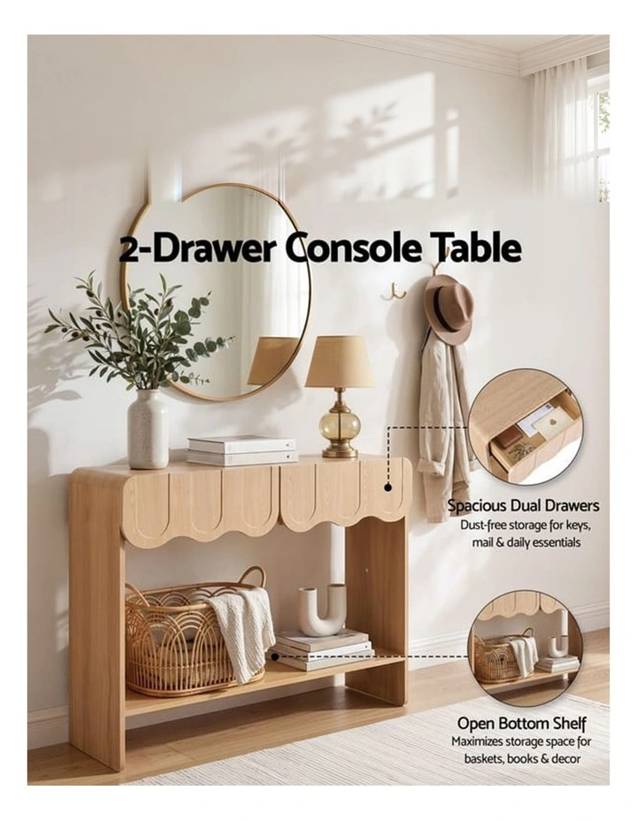 2-Drawer Console Table, Scalloped Entryway Table with Rounded Corners, 100x31x80cm, Wood Finish image 6