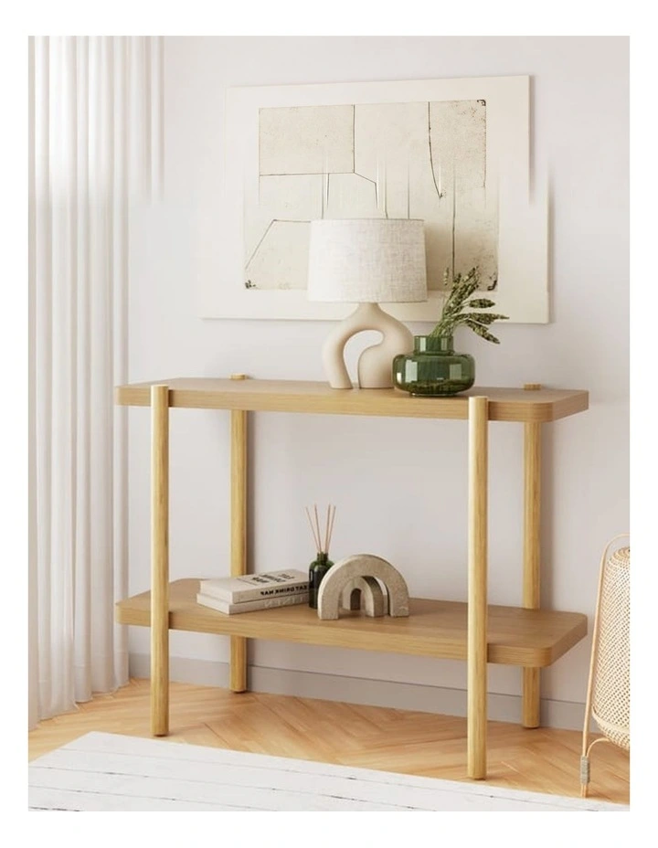 HOMFURN 92cm 2-Tier Console Table  Minimalist Design, Honeycomb Board, Pine Wood Legs, Pine Finish image 2