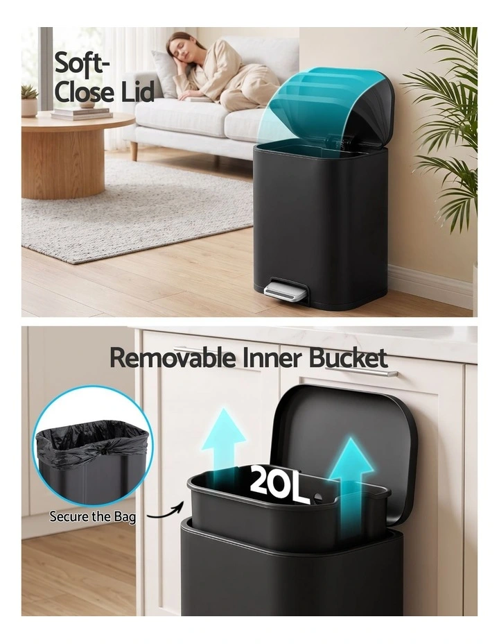 Cefito 20L Trash Bin Steel Pedal Bins Soft Close Kitchen Rubbish Waste Can Black image 4