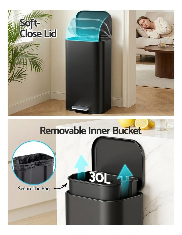 Cefito 30L Pedal Rubbish Bin Kitchen Trash Garbage Waste Can Soft Close Black image 4