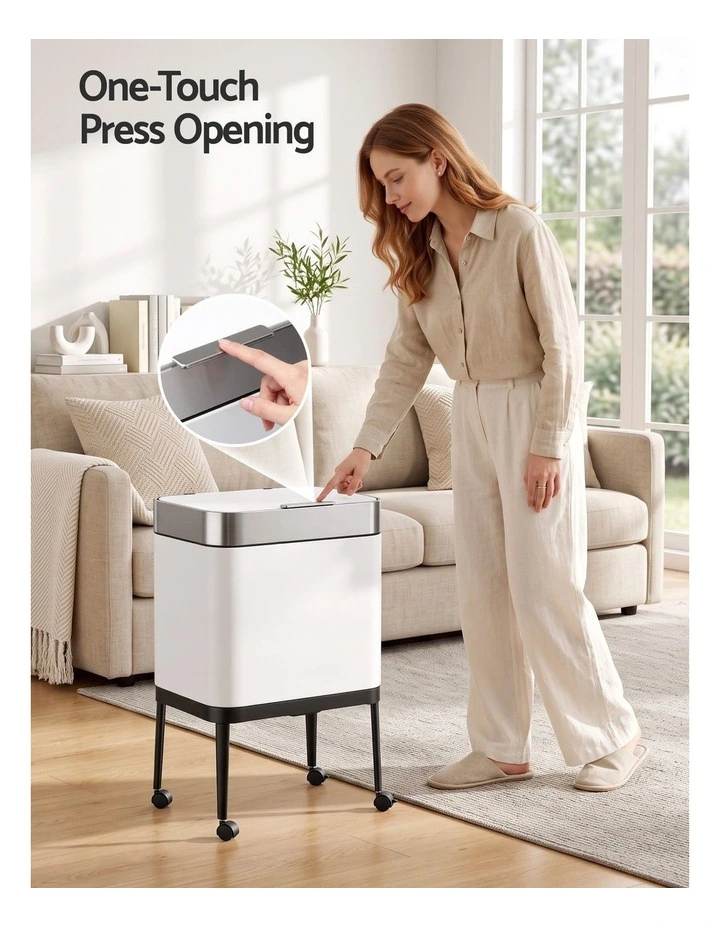 Cefito 40L Press Top Trash Can Kitchen Rubbish Bin Moblie Stainless Steel White image 4