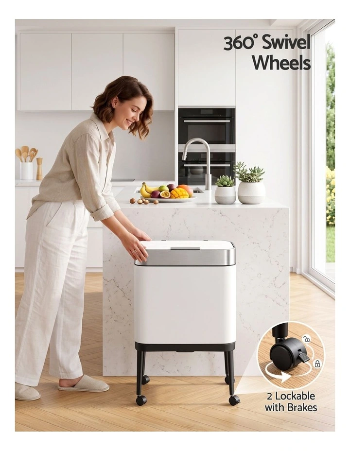 Cefito 40L Press Top Trash Can Kitchen Rubbish Bin Moblie Stainless Steel White image 5
