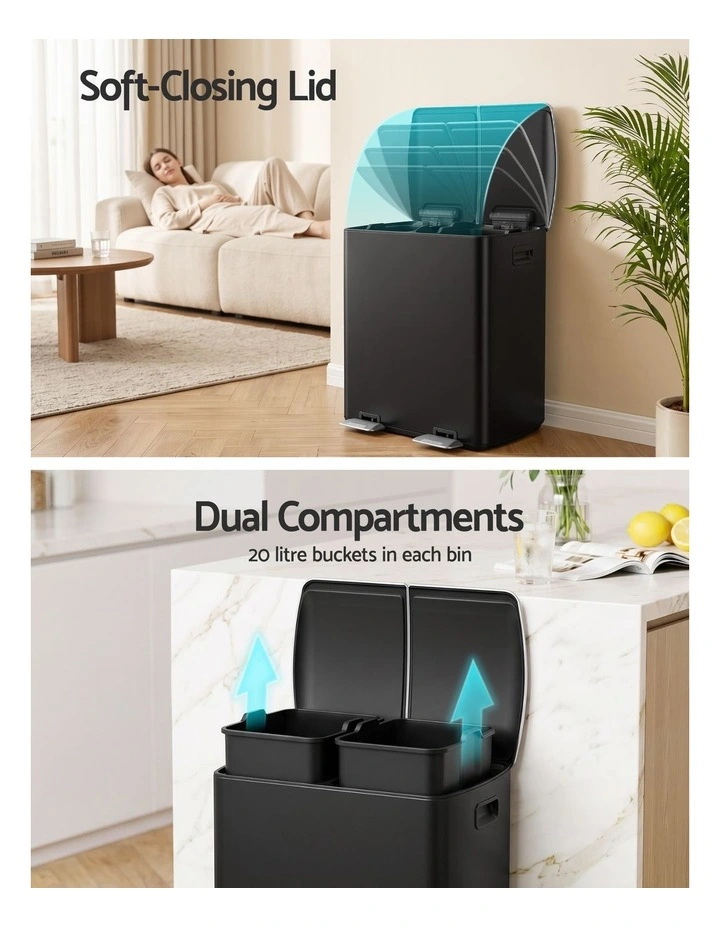 Cefito Pedal Bins Rubbish Bin Dual Compartment Waste Recycle Dustbins 40L Black image 4