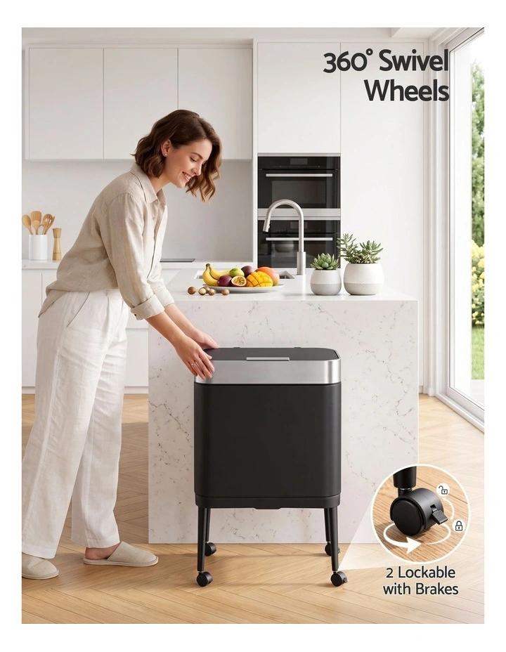 Cefito 40L Press Top Trash Can Kitchen Rubbish Bin Moblie Stainless Steel Black image 5