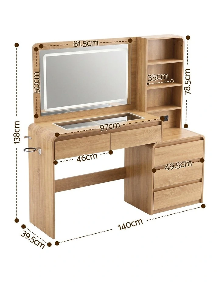 Artiss Dressing Table Makeup Vanity Desk LED Mirror Drawers Charging Station Curved Edge Wood image 2