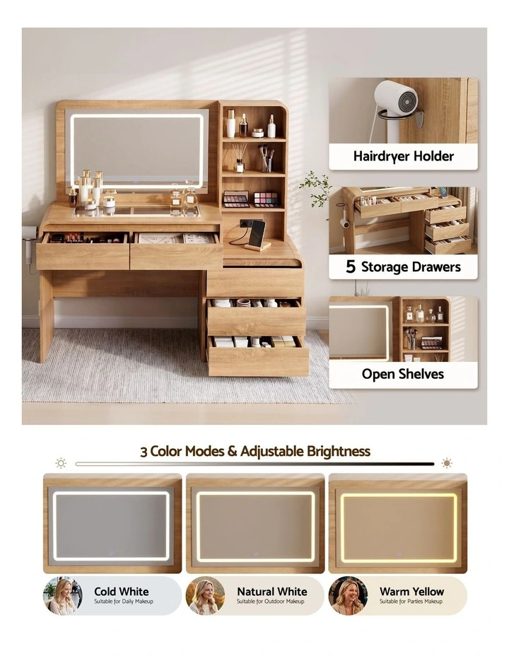 Artiss Dressing Table Makeup Vanity Desk LED Mirror Drawers Charging Station Curved Edge Wood image 4