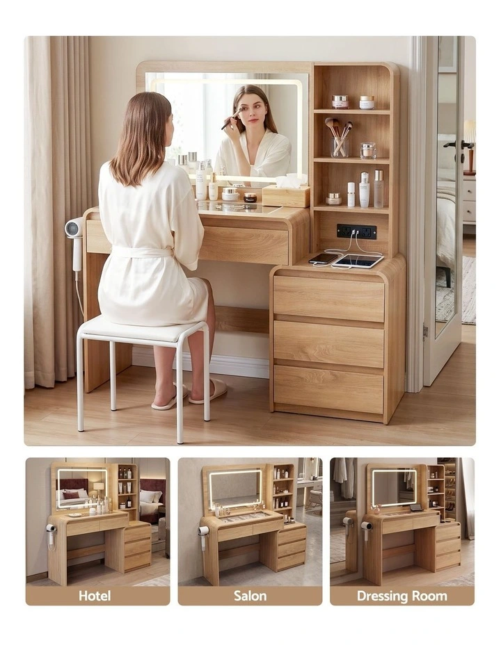 Artiss Dressing Table Makeup Vanity Desk LED Mirror Drawers Charging Station Curved Edge Wood image 6
