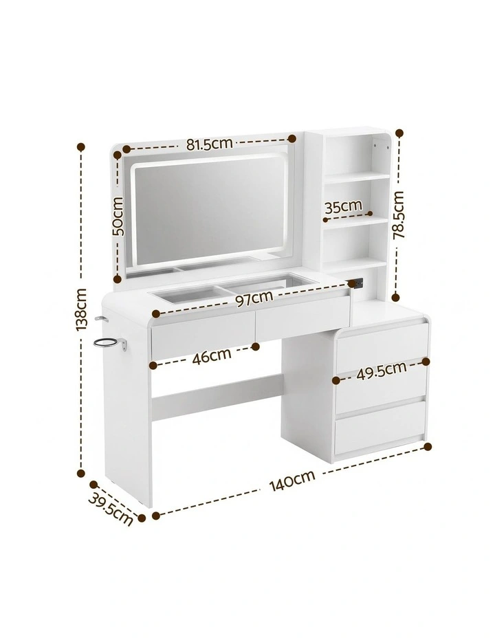 Artiss Dressing Table Makeup Vanity Desk LED Mirror Drawers Charging Station Curved Edge White image 2
