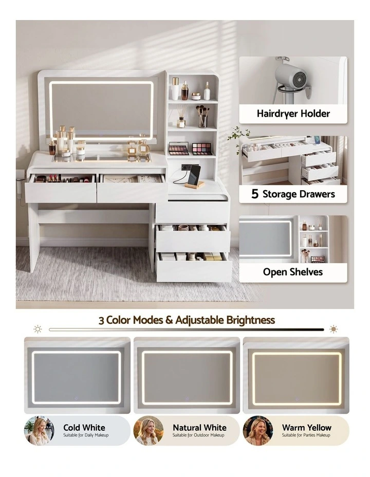 Artiss Dressing Table Makeup Vanity Desk LED Mirror Drawers Charging Station Curved Edge White image 4