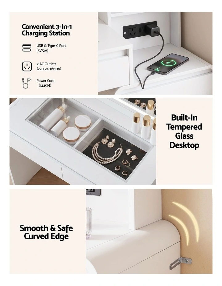 Artiss Dressing Table Makeup Vanity Desk LED Mirror Drawers Charging Station Curved Edge White image 5