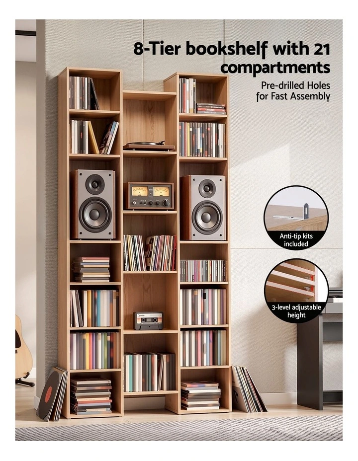 Artiss Bookshelf Display Shelves CD DVD Storage Rack Tall Bookcase Oak image 4