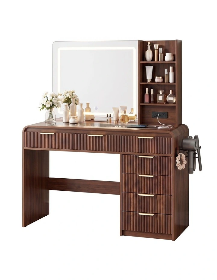 Artiss Dressing Table Vanity Desk LED Lighted Mirror Glass Top 7 Fluted Drawers 120CM Walnut image 1