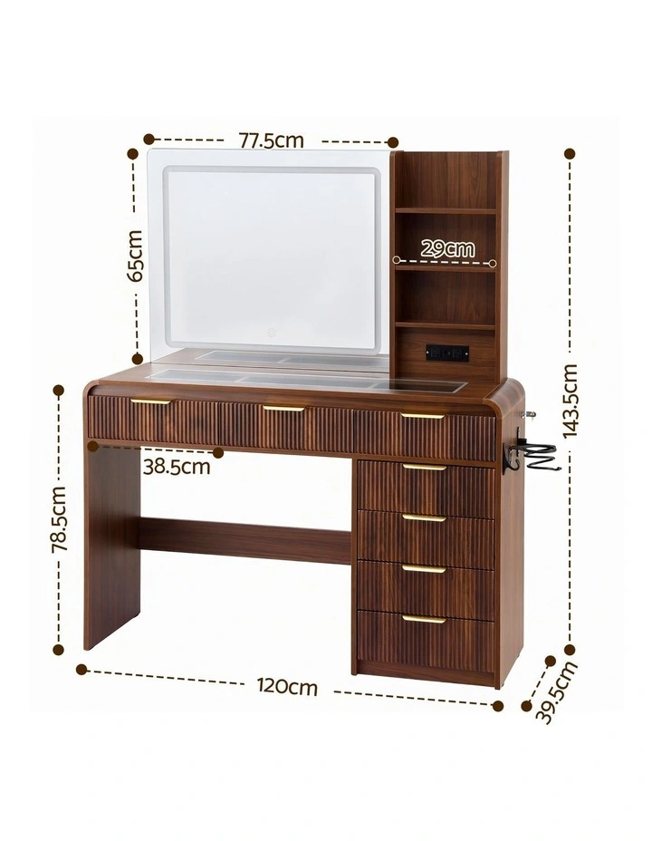 Artiss Dressing Table Vanity Desk LED Lighted Mirror Glass Top 7 Fluted Drawers 120CM Walnut image 2