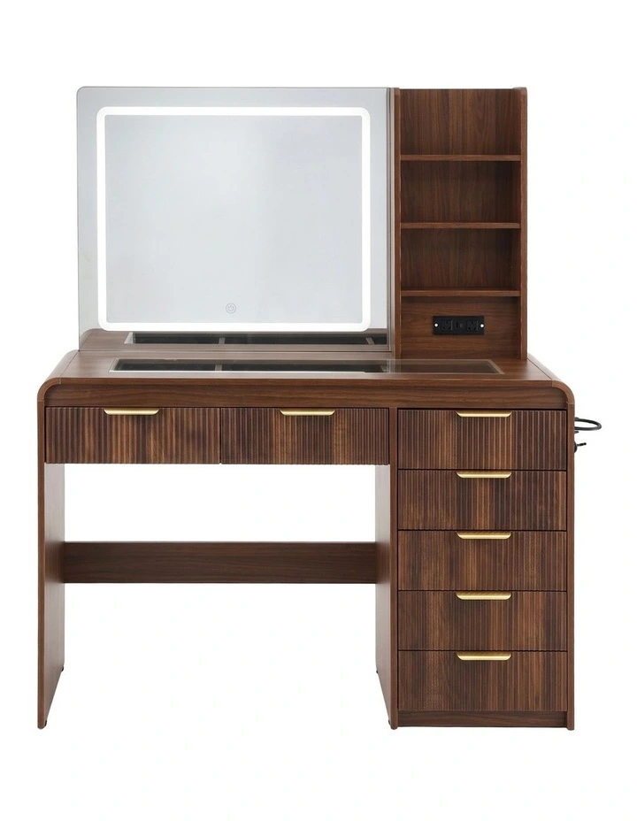 Artiss Dressing Table Vanity Desk LED Lighted Mirror Glass Top 7 Fluted Drawers 120CM Walnut image 3