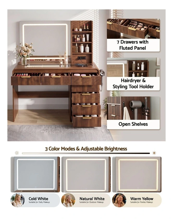 Artiss Dressing Table Vanity Desk LED Lighted Mirror Glass Top 7 Fluted Drawers 120CM Walnut image 4