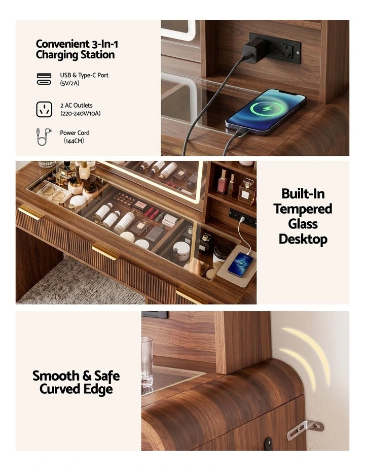 Artiss Dressing Table Vanity Desk LED Lighted Mirror Glass Top 7 Fluted Drawers 120CM Walnut image 5