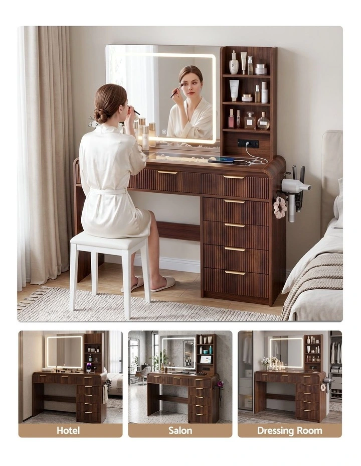 Artiss Dressing Table Vanity Desk LED Lighted Mirror Glass Top 7 Fluted Drawers 120CM Walnut image 6