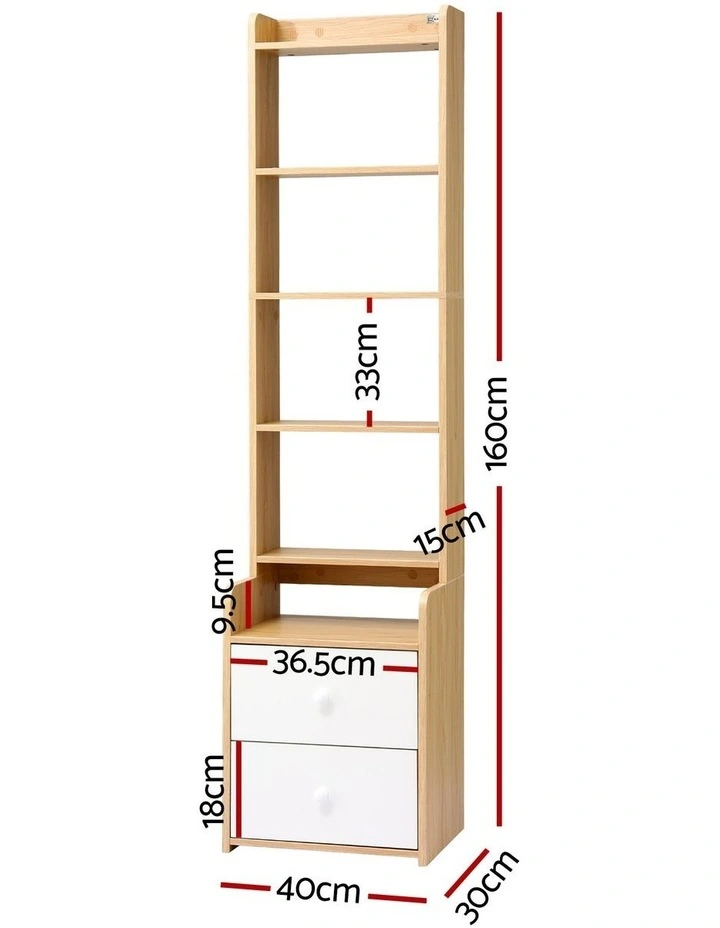 Artiss 6 Tiers Bookshelf with 2 Drawer Storage Shelf Pine image 2