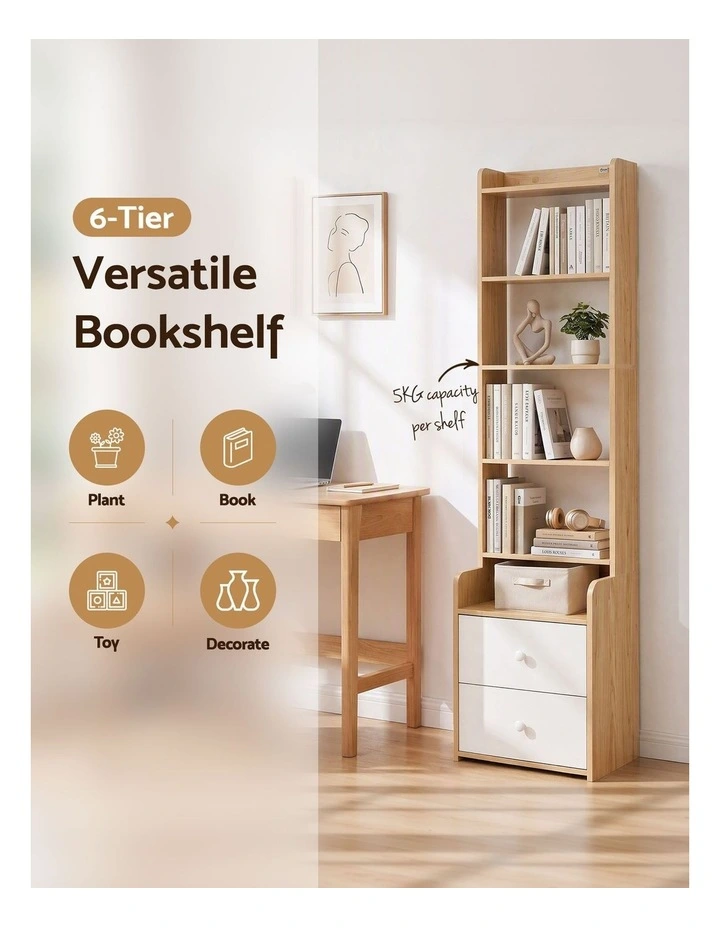 Artiss 6 Tiers Bookshelf with 2 Drawer Storage Shelf Pine image 4