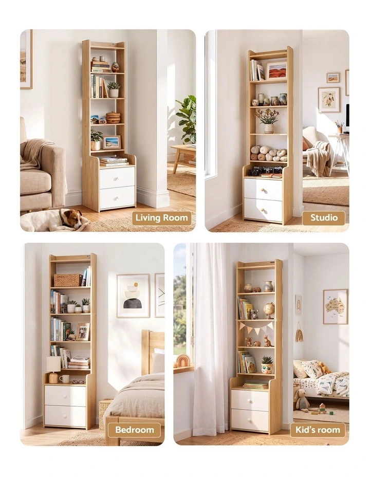 Artiss 6 Tiers Bookshelf with 2 Drawer Storage Shelf Pine image 6