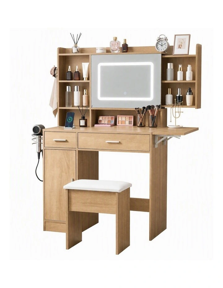 Artiss Dressing Table Vanity Desk Set Stool LED Charging Station Wood image 1