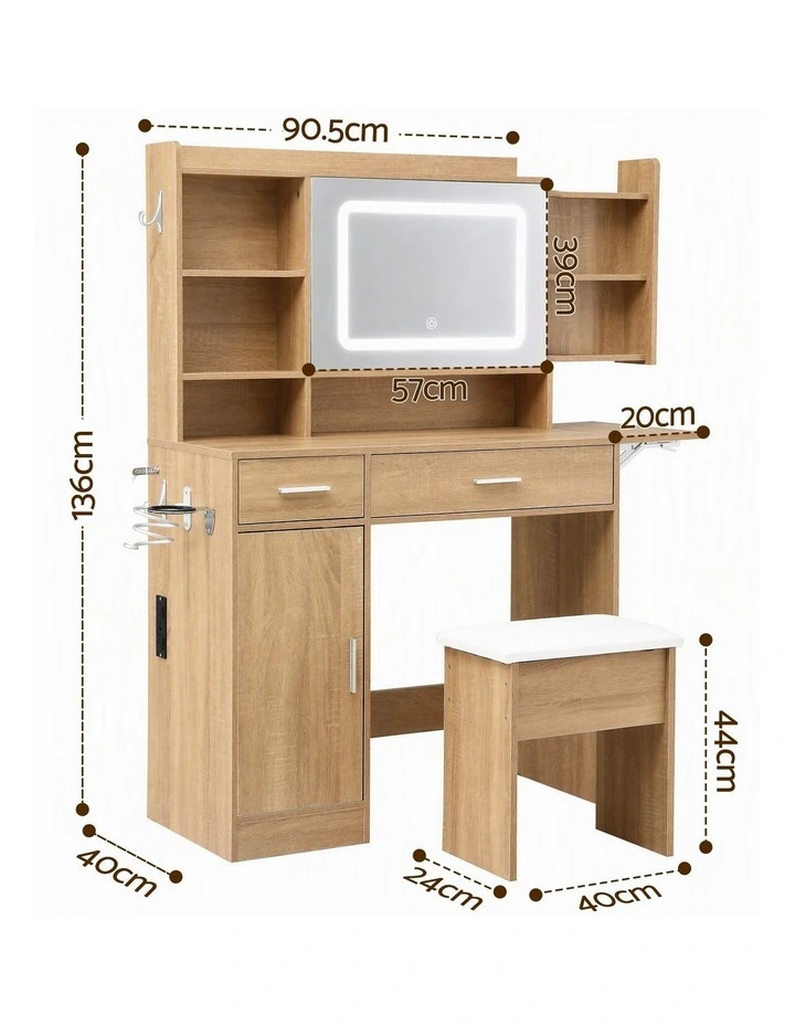 Artiss Dressing Table Vanity Desk Set Stool LED Charging Station Wood image 2