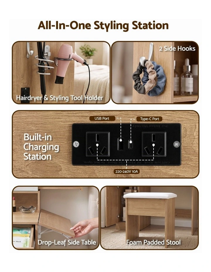 Artiss Dressing Table Vanity Desk Set Stool LED Charging Station Wood image 6