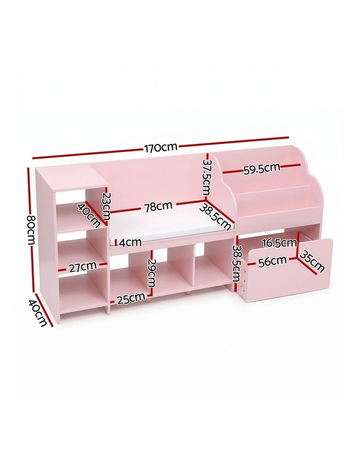 Keezi Kids Storage Unit Bookshelf Toy Box Organiser Bench Seat Cabinet 170cm Pink image 2