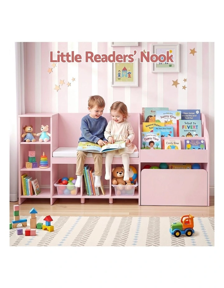 Keezi Kids Storage Unit Bookshelf Toy Box Organiser Bench Seat Cabinet 170cm Pink image 4