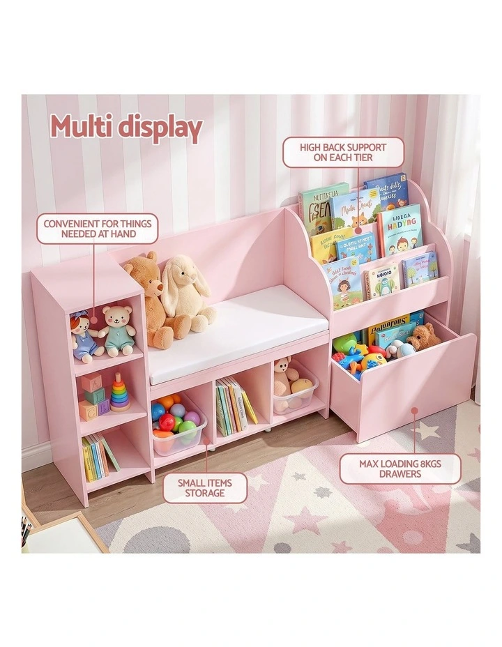 Keezi Kids Storage Unit Bookshelf Toy Box Organiser Bench Seat Cabinet 170cm Pink image 5