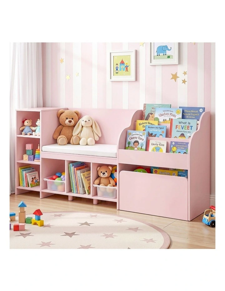 Keezi Kids Storage Unit Bookshelf Toy Box Organiser Bench Seat Cabinet 170cm Pink image 6