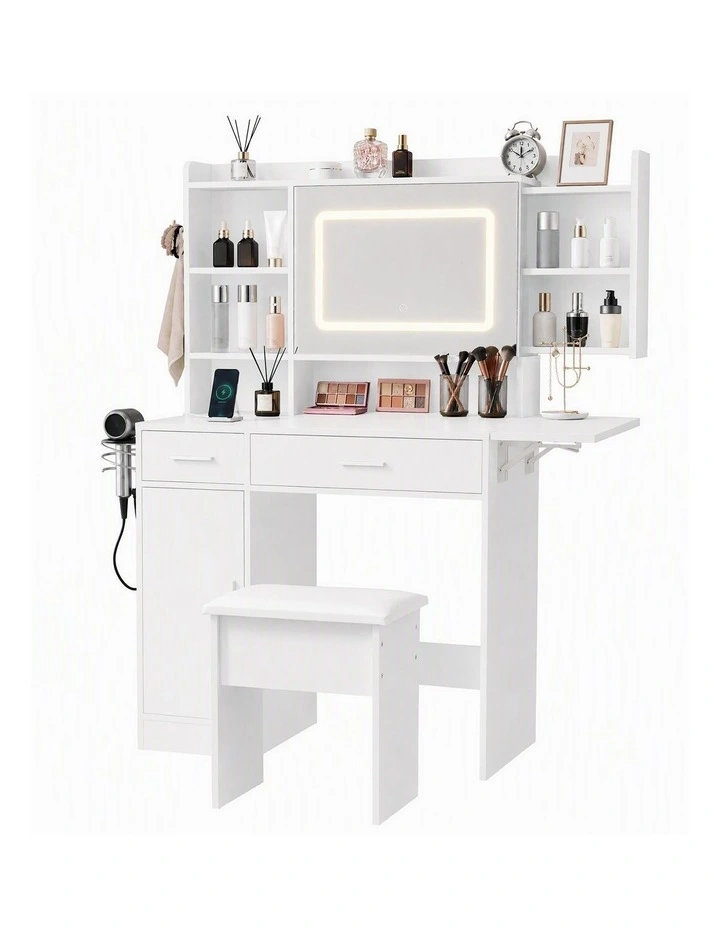 Artiss Dressing Table Vanity Desk Set Stool LED Charging Station White image 1