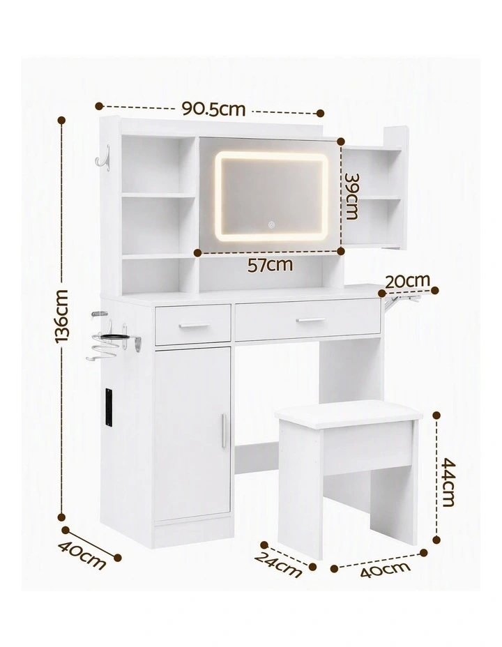 Artiss Dressing Table Vanity Desk Set Stool LED Charging Station White image 2