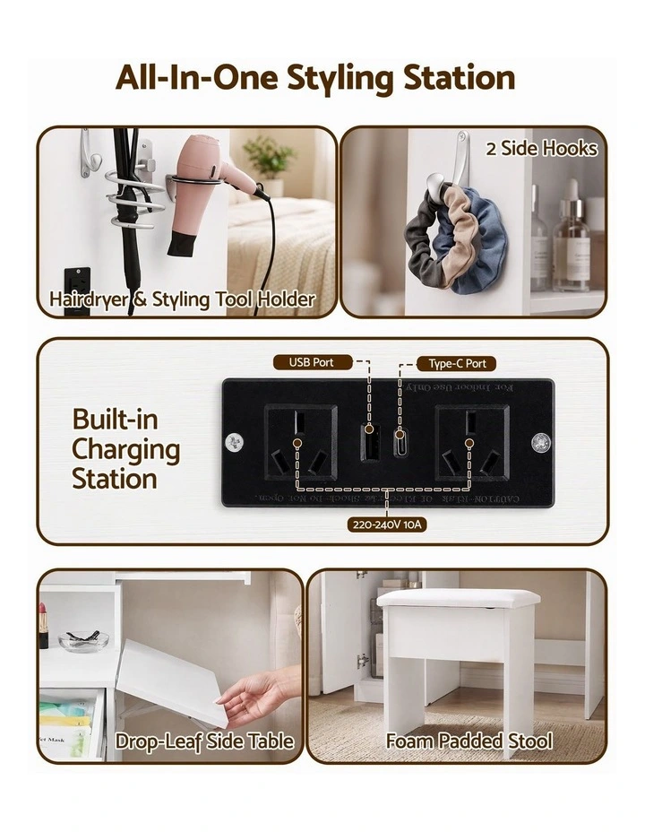 Artiss Dressing Table Vanity Desk Set Stool LED Charging Station White image 6