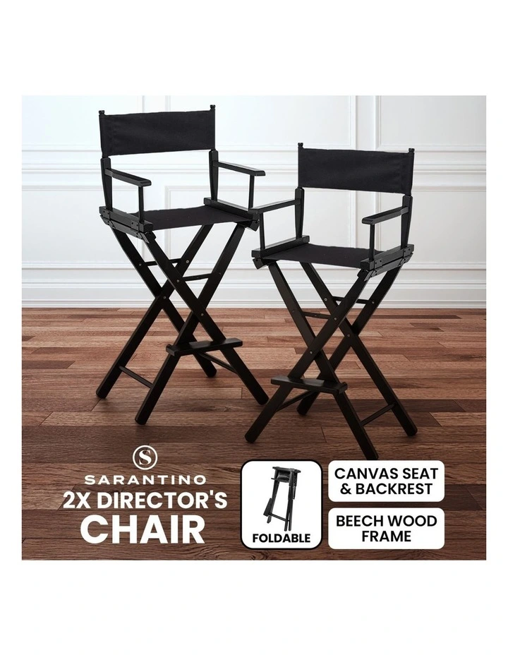 Sarantino Set of 2 Black Tall Directors Chair Beech Wood Frame with Canvas Seat image 2
