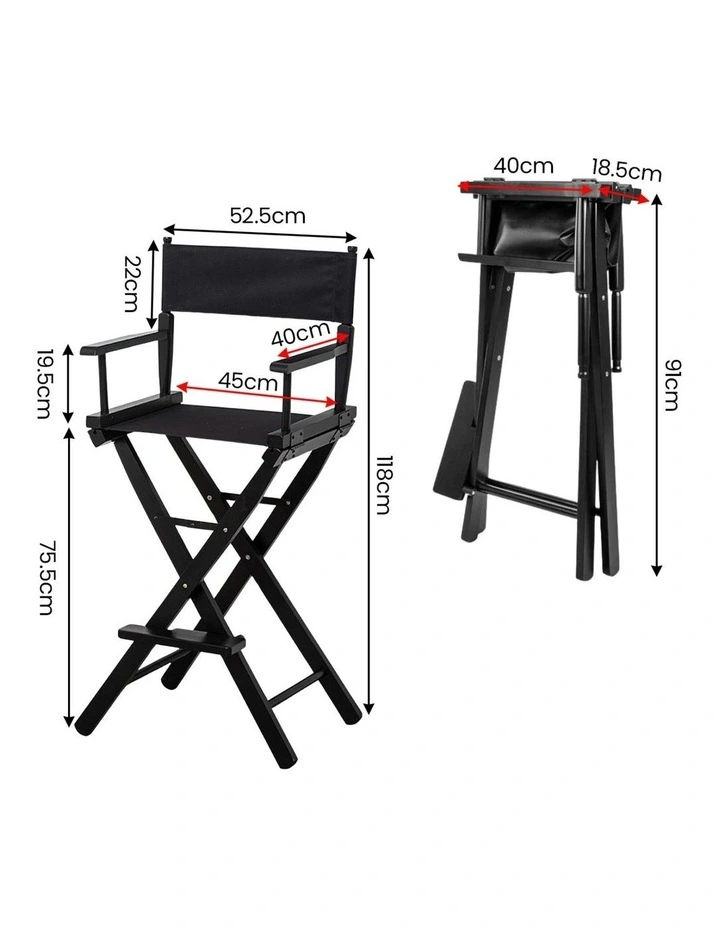 Sarantino Set of 2 Black Tall Directors Chair Beech Wood Frame with Canvas Seat image 3