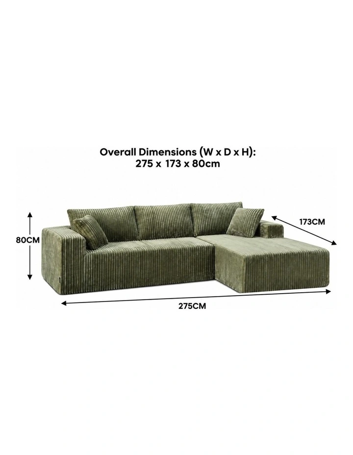Sarantino Soffia 2.75m Green Corduroy Corner Sofa with Chaise L-Shape Sectional Couch 3 Seater image 2