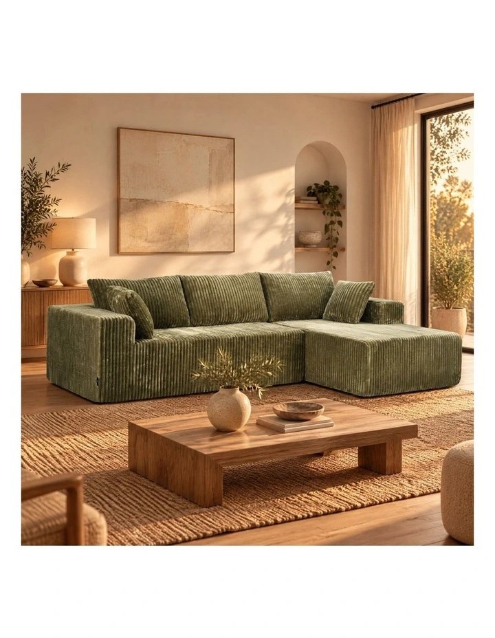 Sarantino Soffia 2.75m Green Corduroy Corner Sofa with Chaise L-Shape Sectional Couch 3 Seater image 7