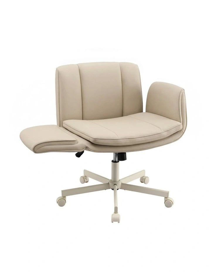 Artiss Cross Legged Office Chair PU Leather Swivel Vanity Chair Wide Seat Adjustable Arms Beige image 1