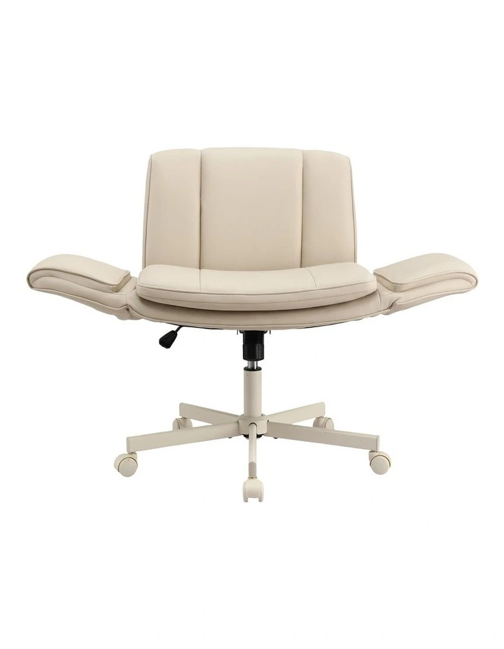 Artiss Cross Legged Office Chair PU Leather Swivel Vanity Chair Wide Seat Adjustable Arms Beige image 3