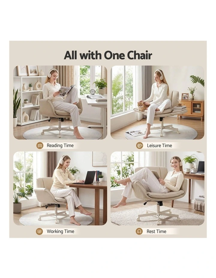 Artiss Cross Legged Office Chair PU Leather Swivel Vanity Chair Wide Seat Adjustable Arms Beige image 4