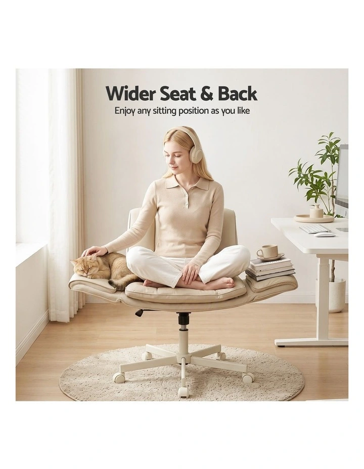 Artiss Cross Legged Office Chair PU Leather Swivel Vanity Chair Wide Seat Adjustable Arms Beige image 5