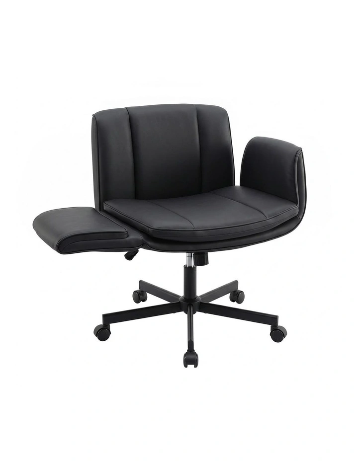 Artiss Cross Legged Office Chair PU Leather Swivel Vanity Chair Wide Seat Adjustable Arms Black image 1
