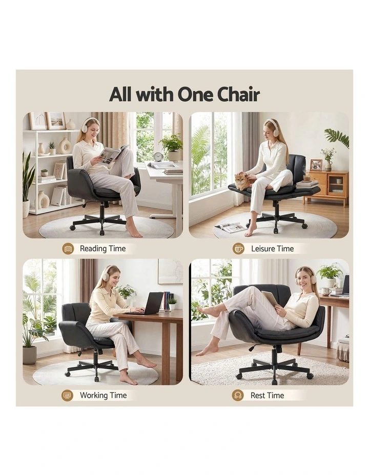 Artiss Cross Legged Office Chair PU Leather Swivel Vanity Chair Wide Seat Adjustable Arms Black image 4