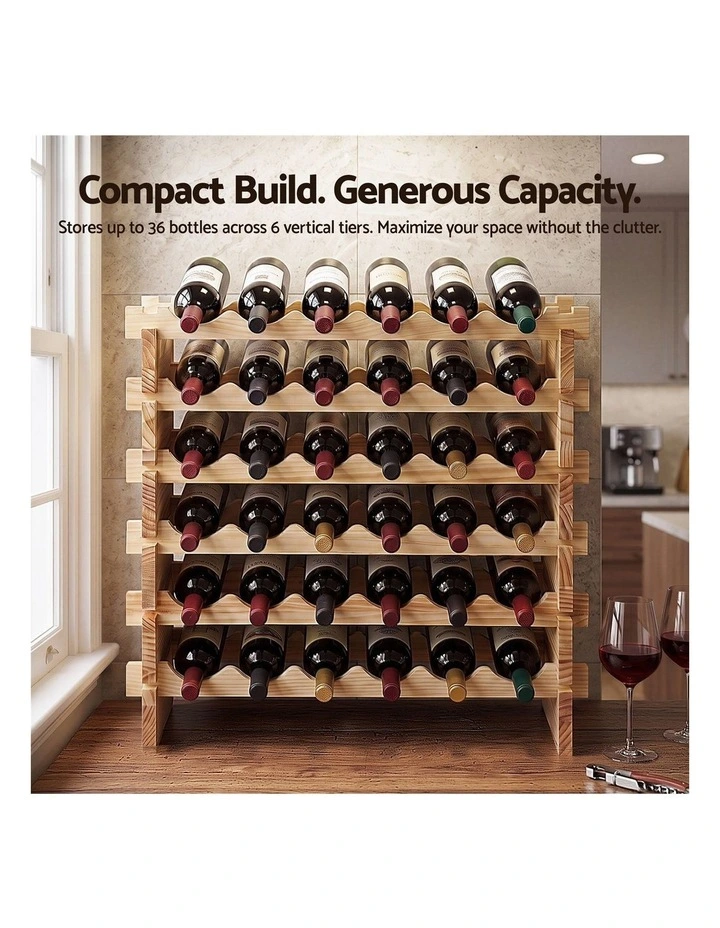 Artiss 36-Bottle Wooden Wine Rack 6-Tier Modular Storage Stand Pine Wood Natural** image 4