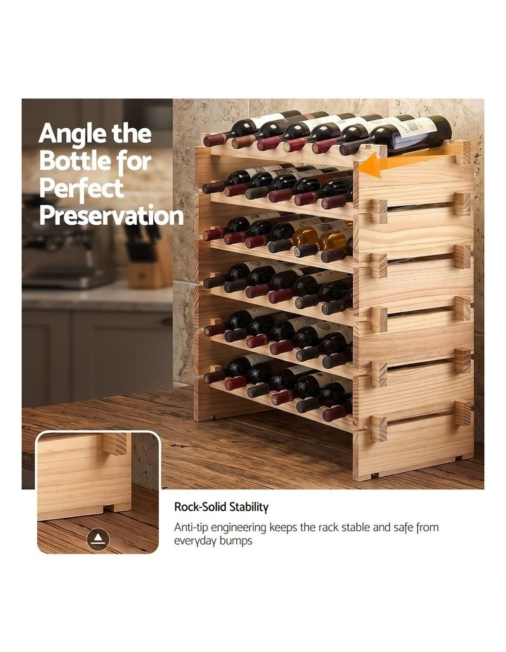 Artiss 36-Bottle Wooden Wine Rack 6-Tier Modular Storage Stand Pine Wood Natural** image 5
