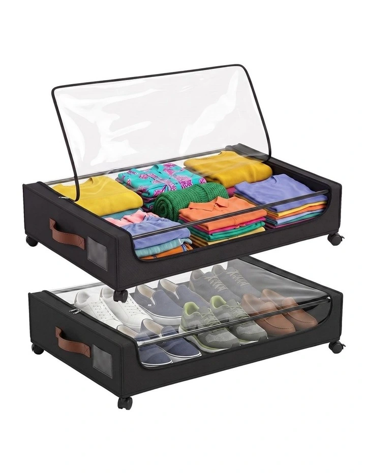 Artiss 2X Under Bed Storage Containers 48L Clothes Organiser Wheels Oxford Black image 1