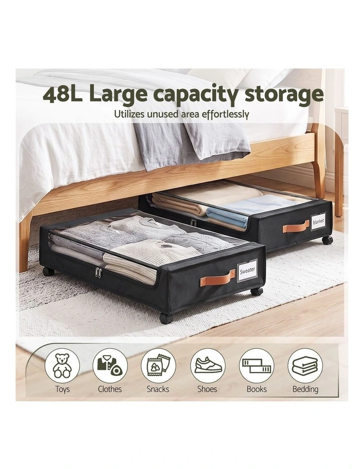 Artiss 2X Under Bed Storage Containers 48L Clothes Organiser Wheels Oxford Black image 4